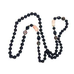 Vintage Chinese Black Onyx & Pink Coral Cloisonné Beaded Necklace - 30 Inch